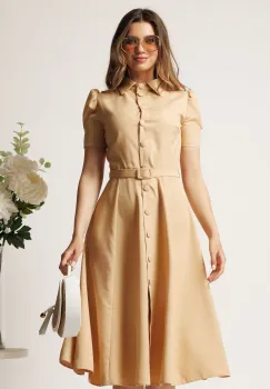 Rochie DY Fashion bej in clos cu nasturi si curea in talie imagine