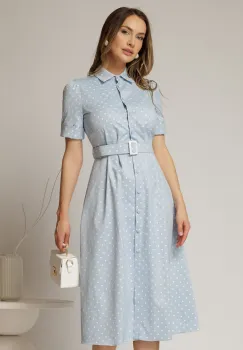 Rochie DY Fashion bleu cu buline tip camasa si curea in talie imagine