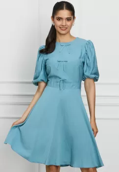Rochie DY Fashion bleu cu fundite pe bust si maneci bufante imagine
