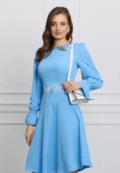 Rochie Dy Fashion bleu cu guler si banda in talie din satin cu imprimeu imagine