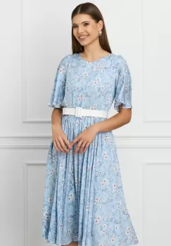 Rochie Dy Fashion bleu cu imprimeu floral alb si curea in talie imagine