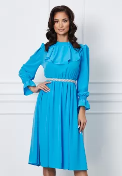Rochie Dy Fashion bleu cu volanas la bust si perle in talie imagine