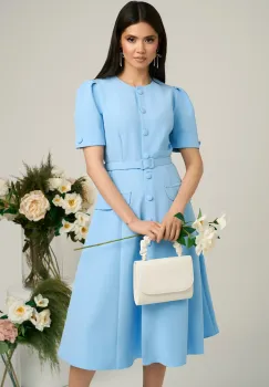 Rochie Dy Fashion bleu de zi cu nasturi si curea in talie imagine