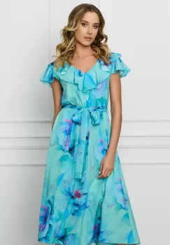 Rochie DY Fashion bleu din voal cu imprimeu mov si cordon in talie imagine