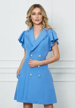 Rochie Dy Fashion bleu tip sacou cu volanase la bust imagine