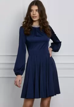 Rochie Dy Fashion bleumarin accesorizata cu perlute la decolteu imagine