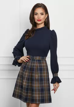 Rochie Dy Fashion bleumarin cu carouri galbene pe fusta imagine