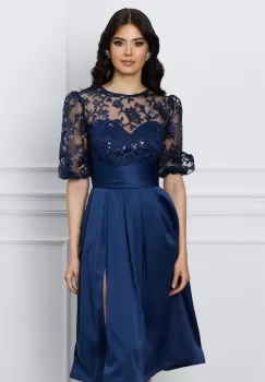 Rochie DY Fashion bleumarin cu dantela la bust si crepeu pe fusta imagine