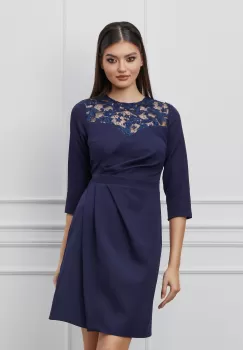 Rochie Dy Fashion bleumarin cu dantela la bust si pliuri pe fusta imagine