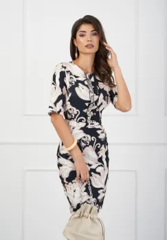 Rochie DY Fashion bleumarin cu imprimeu bej si curea in talie imagine