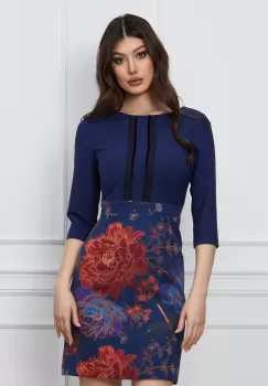 Rochie Dy Fashion bleumarin cu imprimeuri florale rosii pe fusta imagine