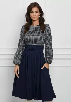 Rochie Dy Fashion bleumarin cu imprimeuri maro la bust imagine