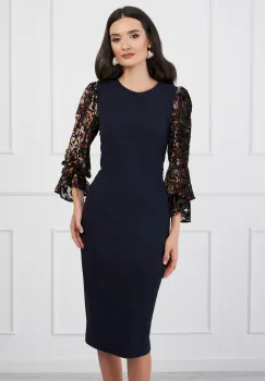 Rochie DY Fashion bleumarin cu insertii bej din catifea pe maneci imagine