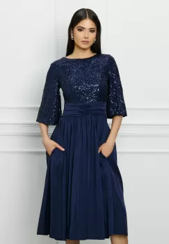 Rochie Dy Fashion bleumarin cu paiete la bust si fusta din satin imagine