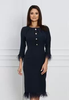 Rochie Dy Fashion bleumarin cu pene la maneci si la baza imagine