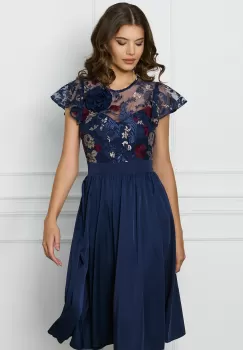Rochie DY Fashion bleumarin cu trandafir si dantela la bust imagine
