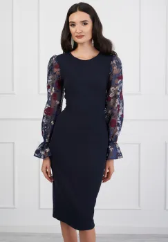 Rochie DY Fashion bleumarin cu trandafiri bordo pe maneci imagine