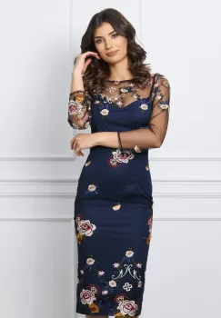 Rochie Dy Fashion bleumarin din dantela cu flori imagine