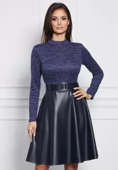 Rochie Dy Fashion bleumarin din jerse cu fusta din piele ecologica imagine