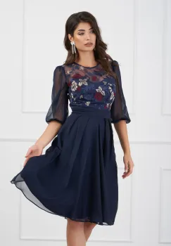 Rochie DY Fashion bleumarin din voal cu broderie florala la bust imagine