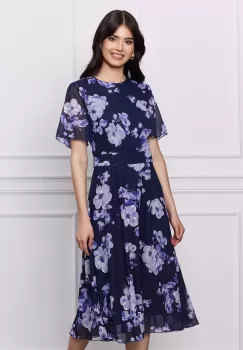 Rochie DY Fashion bleumarin din voal cu imprimeuri florale bleu imagine