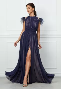 Rochie DY Fashion bleumarin lunga cu pene la umeri imagine