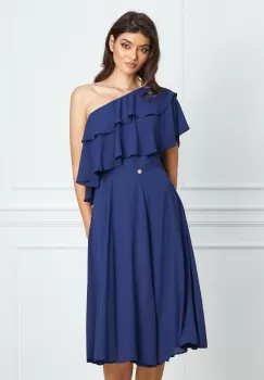 Rochie Dy Fashion bleumarin pe un umar cu volanas la bust imagine
