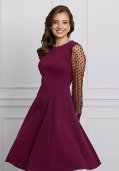 Rochie Dy Fashion bordo cu buline catifelate pe maneci imagine