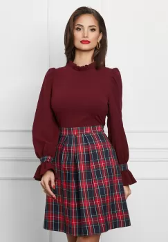 Rochie Dy Fashion bordo cu carouri rosii pe fusta imagine