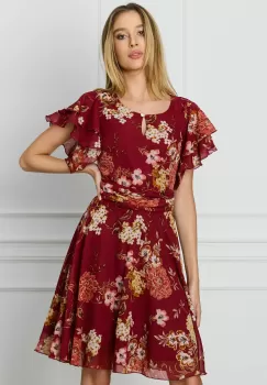 Rochie DY Fashion bordo cu imprimeuri florale corai imagine