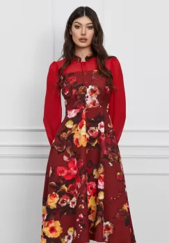 Rochie Dy Fashion bordo cu imprimeuri florale galbene si nasturi imagine