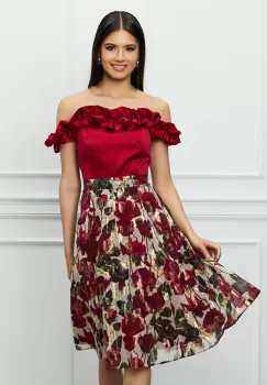 Rochie DY Fashion bordo cu imprimeuri florale pe fusta si volane la bust imagine