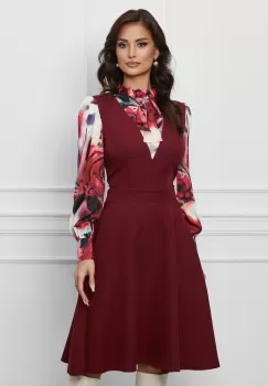 Rochie Dy Fashion bordo cu imprimeuri pe maneci si bust imagine