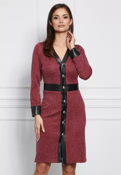 Rochie Dy Fashion bordo cu insertie fir lurex si nasturi imagine
