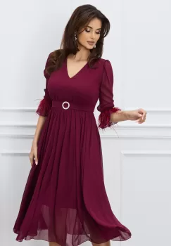 Rochie DY Fashion bordo cu pene la maneci si accesoriu in talie imagine