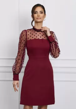 Rochie Dy Fashion bordo cu tull si buline catifelate imagine