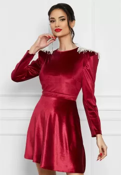 Rochie Dy Fashion bordo din catifea cu franjuri la umeri imagine
