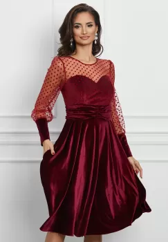 Rochie Dy Fashion bordo din catifea si tull cu buline la bust imagine