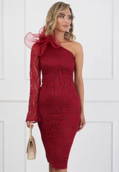 Rochie DY Fashion bordo din dantela cu floare maxi pe umar imagine