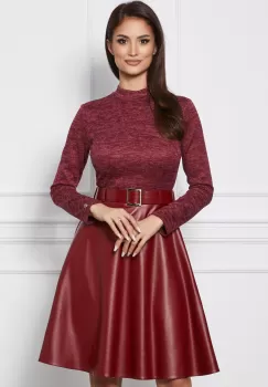 Rochie Dy Fashion bordo din jerse cu fusta din piele ecologica imagine
