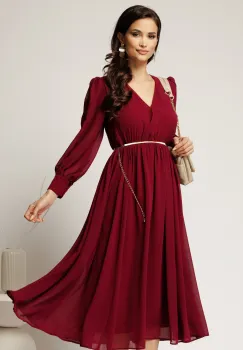 Rochie DY Fashion bordo din voal cu decolteu petrecut si curea in taIie imagine