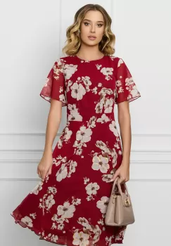 Rochie DY Fashion bordo din voal cu imprimeuri florale ivory imagine