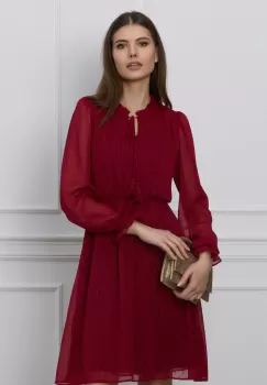 Rochie Dy Fashion bordo din voal cu picatele si ciucuri la guler imagine