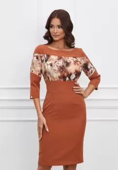 Rochie Dy Fashion caramizie cu imprimeu bej la bust imagine