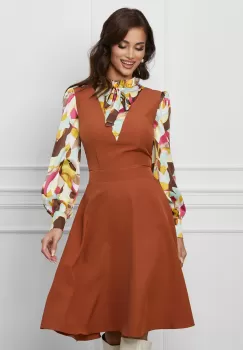 Rochie Dy Fashion caramizie cu imprimeuri pe maneci si bust imagine