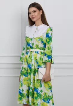 Rochie Dy Fashion clos alba cu imprimeu albastru-verde si curea in talie imagine