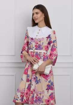 Rochie Dy Fashion clos bej cu imprimeu fucsia si curea in talie imagine