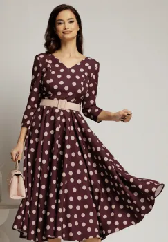 Rochie DY Fashion clos bordo cu buline bej cu decolteu in V si curea imagine