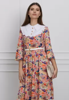 Rochie Dy Fashion clos somon cu imprimeu orange-mov si curea in talie imagine