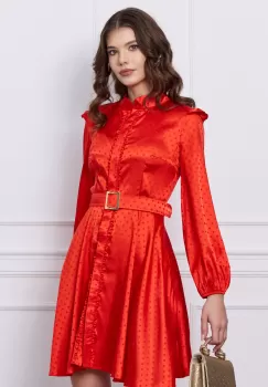 Rochie Dy Fashion corai cu buline in relief si curea in talie imagine